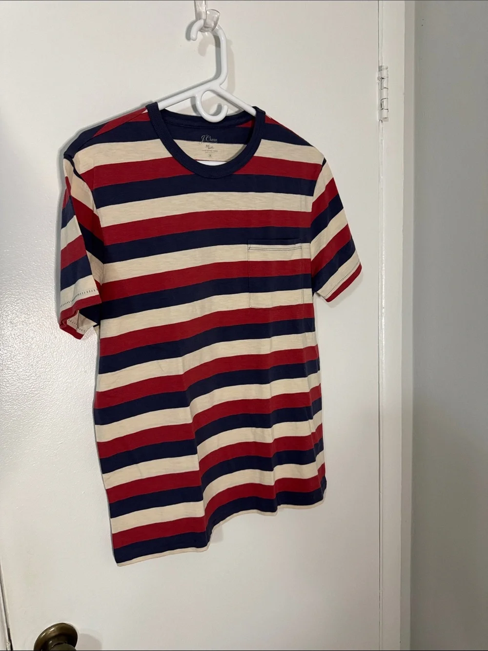J. Crew Men’s Medium Slub Cotton Navy, Red & Cream Striped Short-Sleeve Tee NWT
